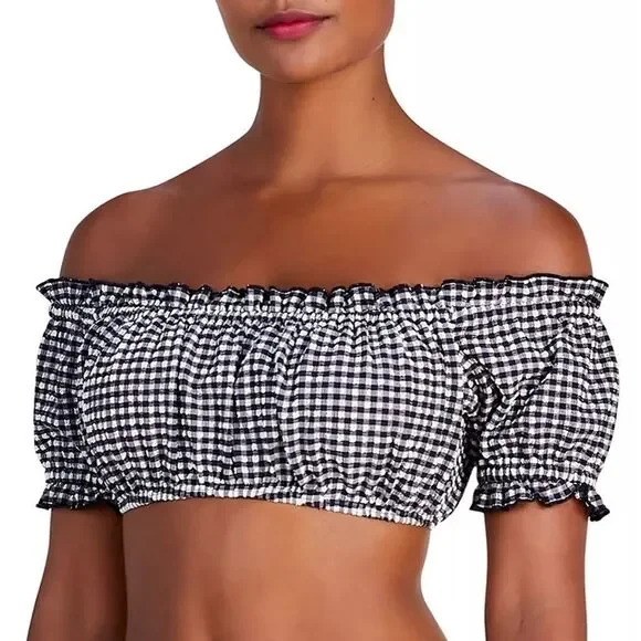 Kate Spade Black White Off-The-Shoulder Check-Print Bikini Top Size S swimsuit